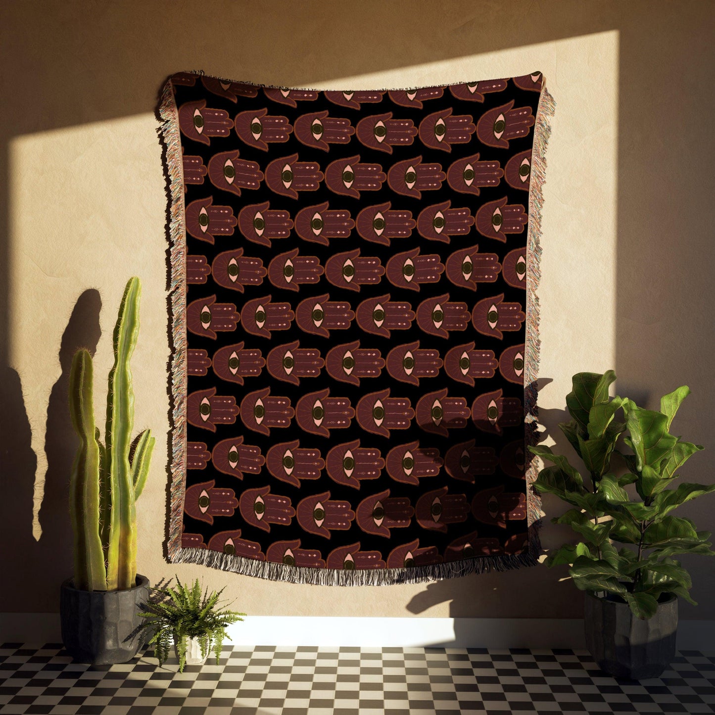 Maroon Hamsa Pattern Woven Cotton Blankets