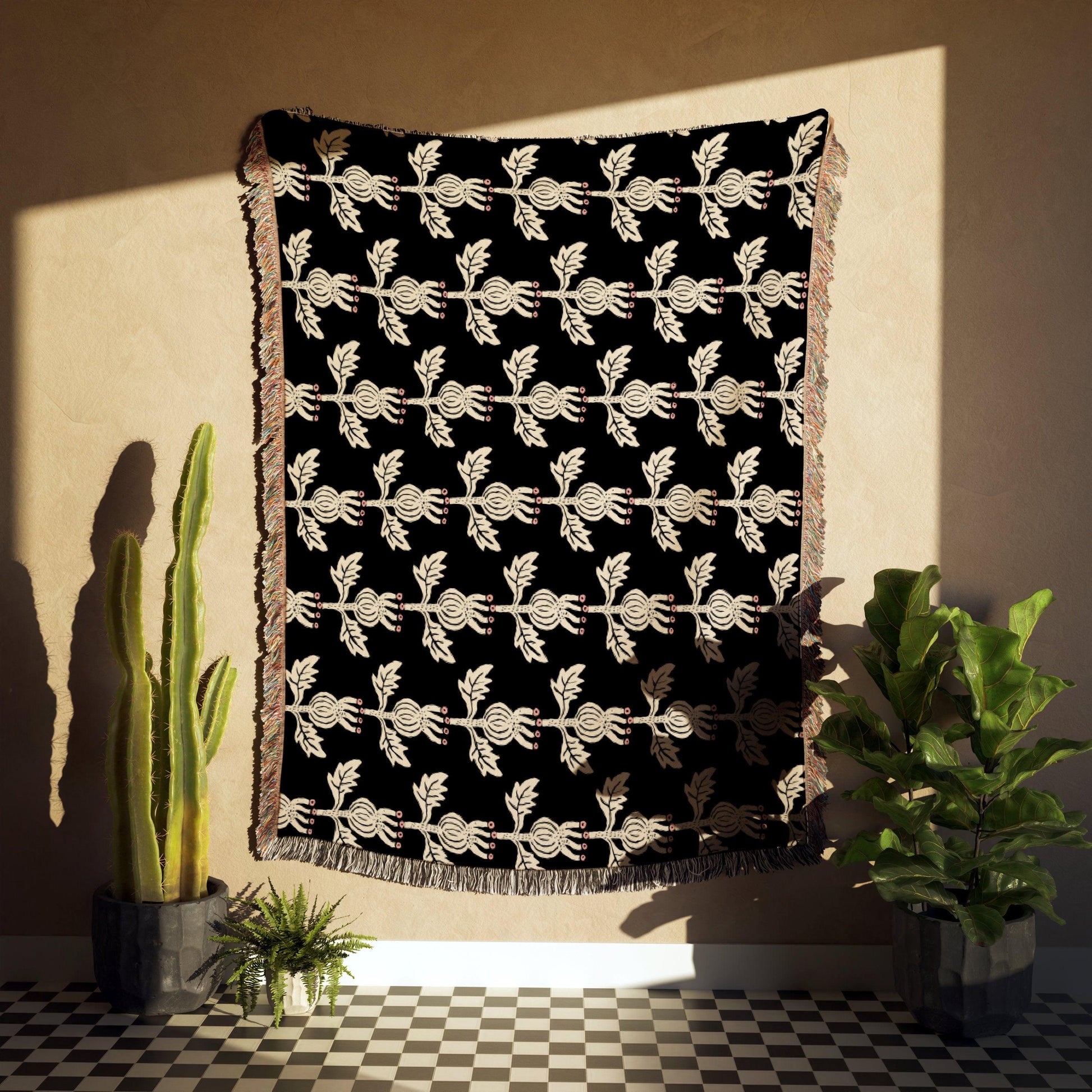 Black And Beige Thistle Pattern Woven Cotton Blankets