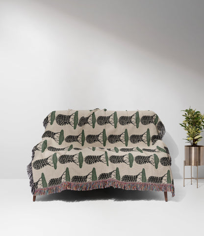 Baobab Pattern Beige Green Black Woven Cotton Blankets