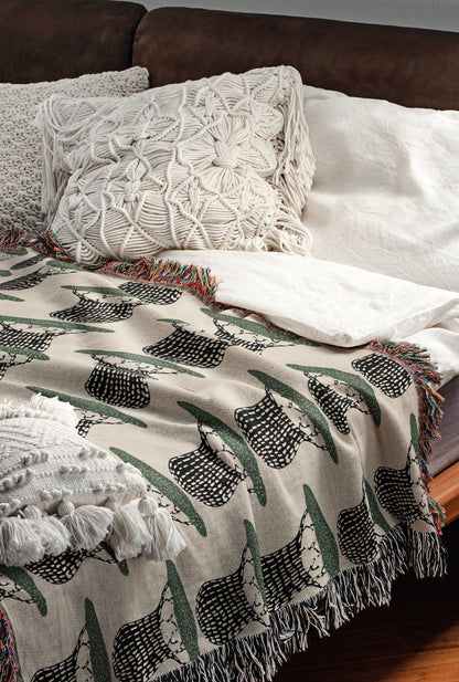 Baobab Pattern Beige Green Black Woven Cotton Blankets