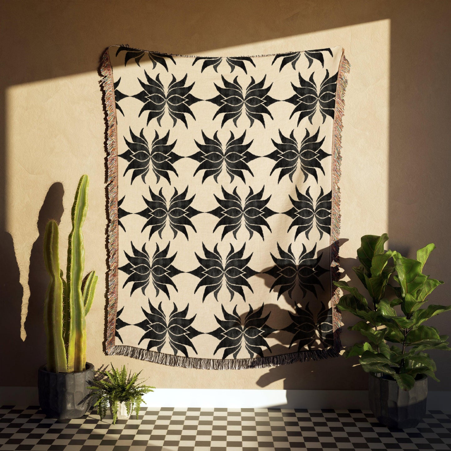 Beige And Black Lotus Pattern Minimalist Woven Cotton Blankets