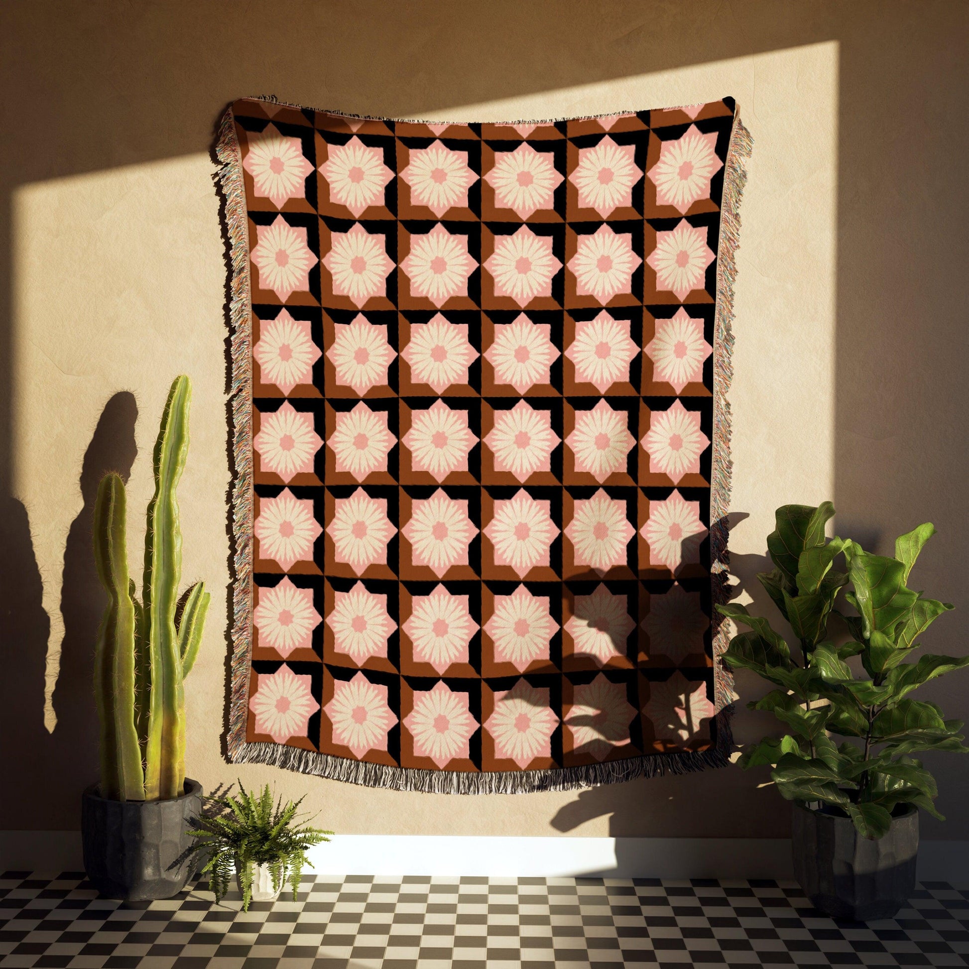 Pink Brown And Black Modern Floral Woven Cotton Blankets