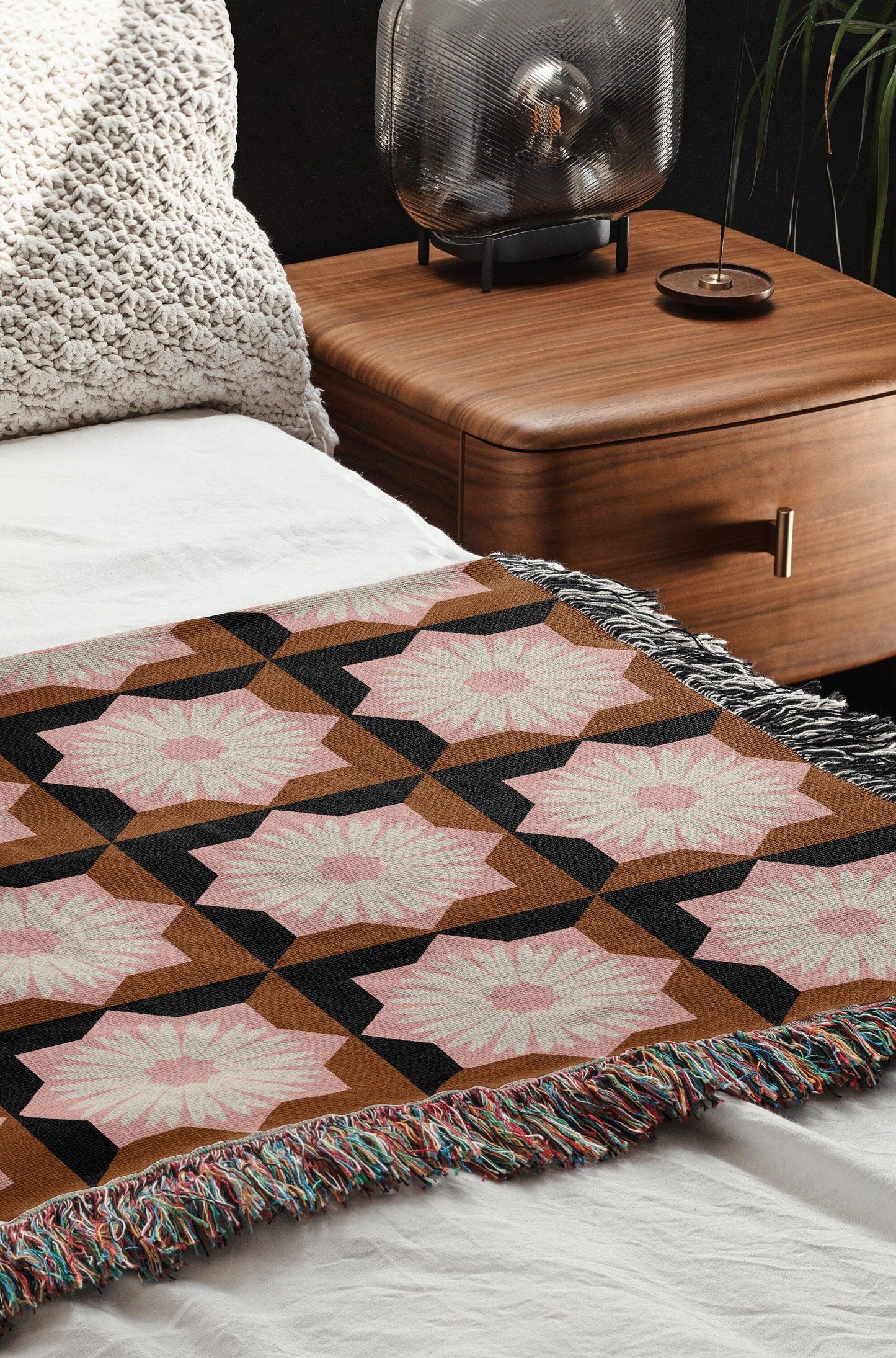 Pink Brown And Black Modern Floral Woven Cotton Blankets