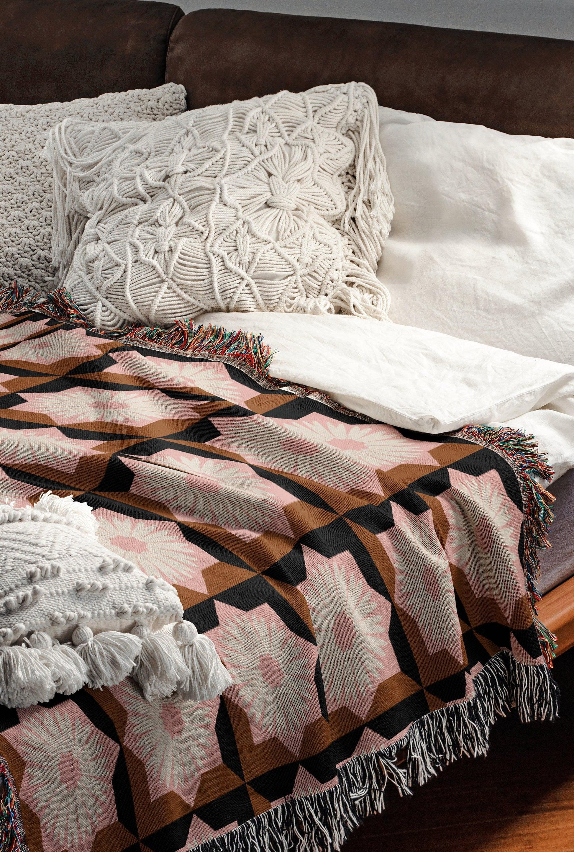 Pink Brown And Black Modern Floral Woven Cotton Blankets