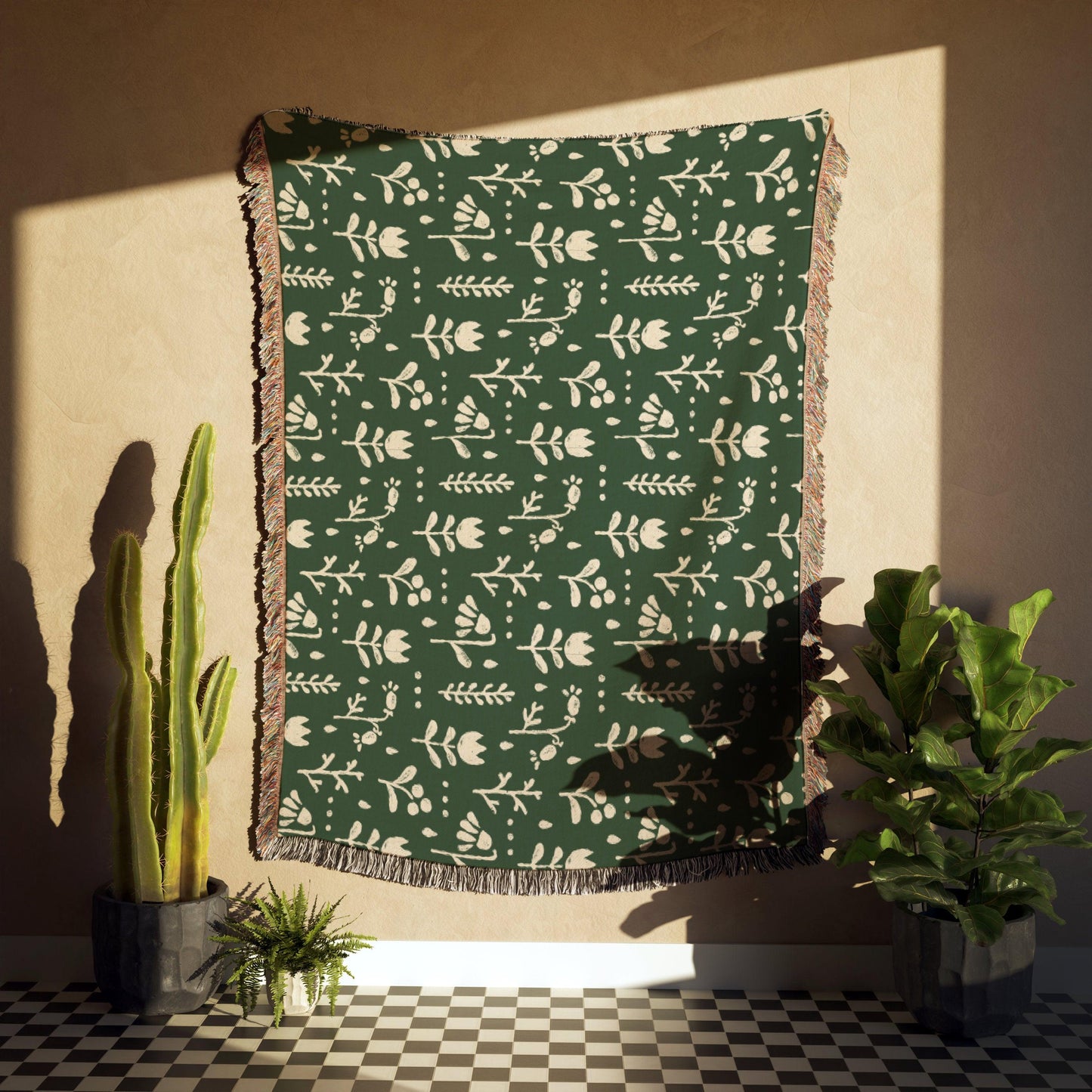 Green And Beige Scandi Nordic Flower Woven Cotton Blankets