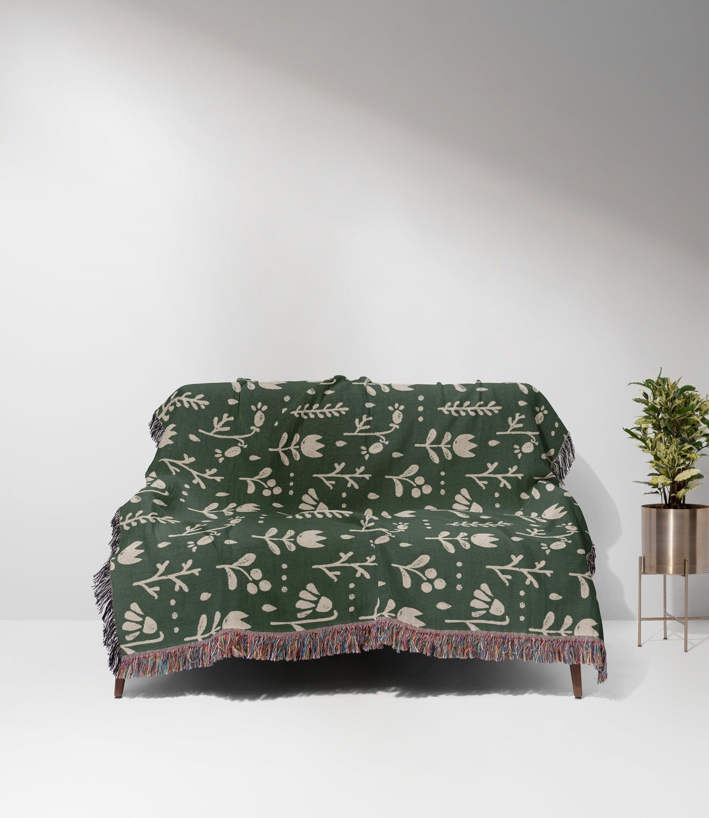 Green And Beige Scandi Nordic Flower Woven Cotton Blankets