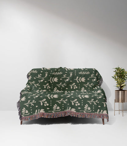 Green And Beige Scandi Nordic Flower Woven Cotton Blankets
