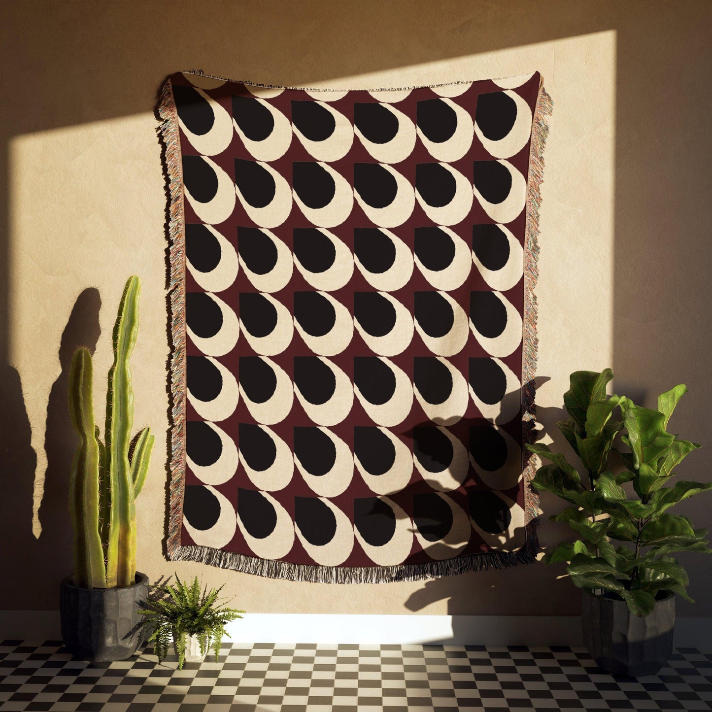 Maroon Black Beige Bauhaus Pattern Woven Cotton Throw Blankets