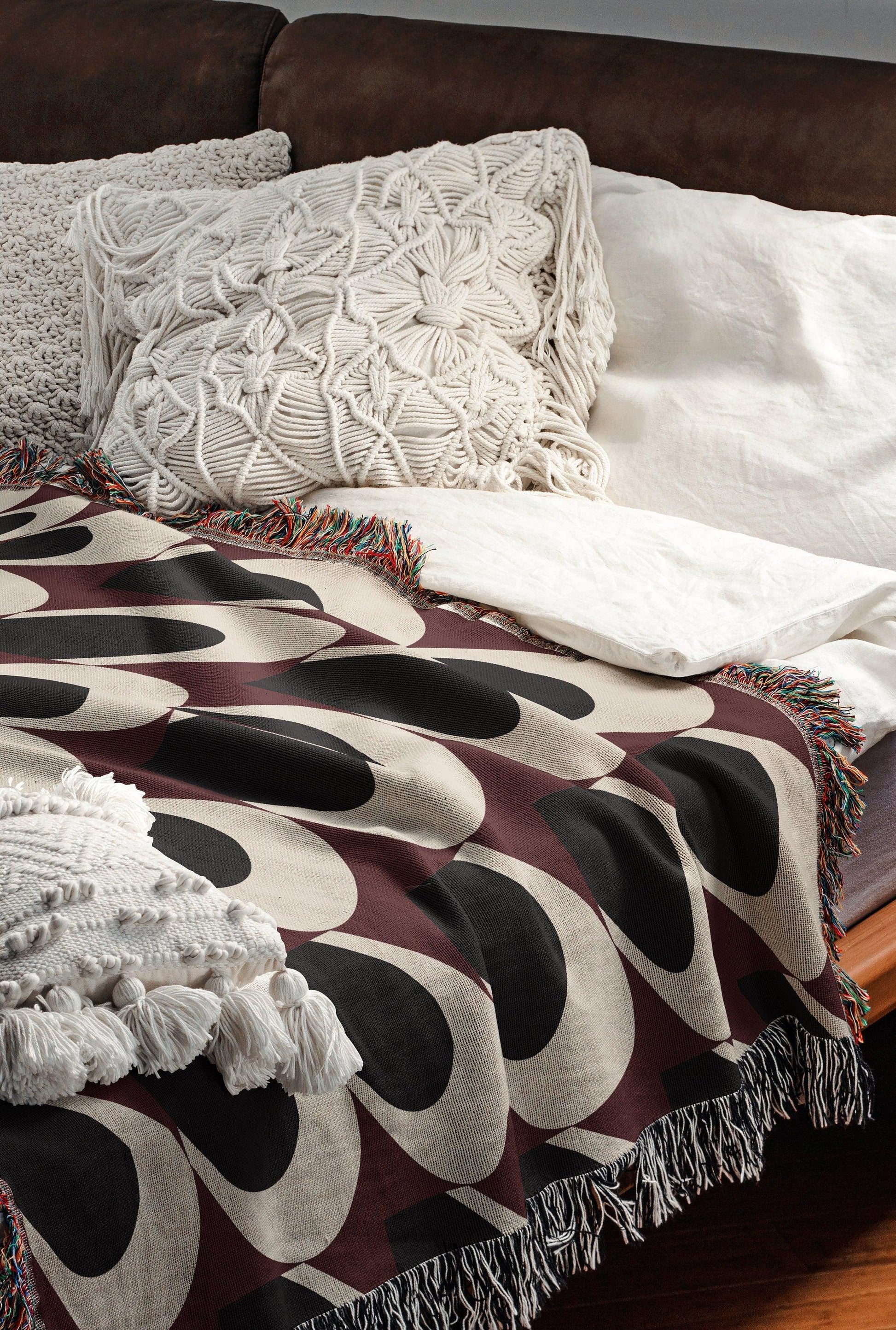 Cotton Throws Black Woven Throw Blanket Bauhaus-Inspired Maroon