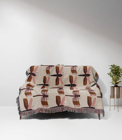 Pink Brown Black Beige Dragonfly Woven Cotton Blankets