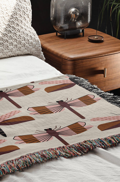 Pink Brown Black Beige Dragonfly Woven Cotton Blankets