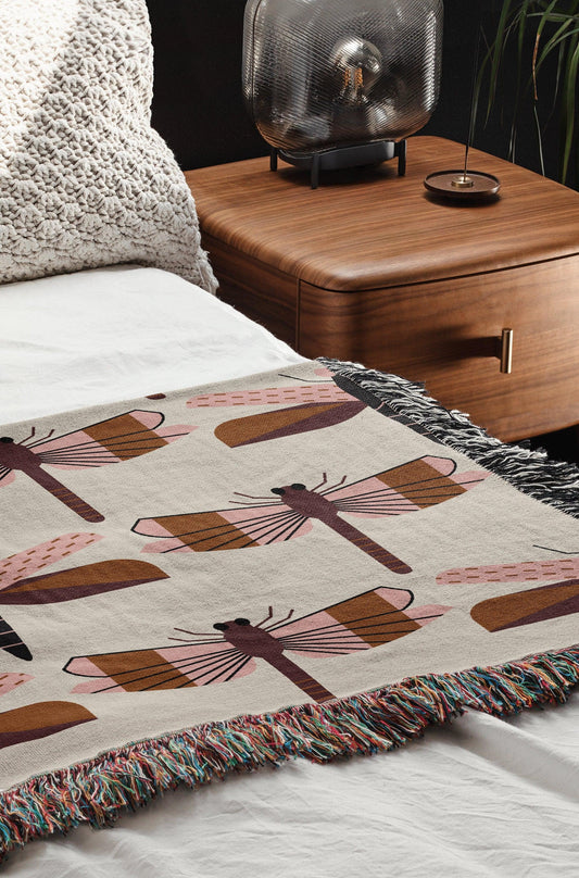 Pink Brown Black Beige Dragonfly Woven Cotton Blankets