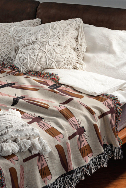 Pink Brown Black Beige Dragonfly Woven Cotton Blankets