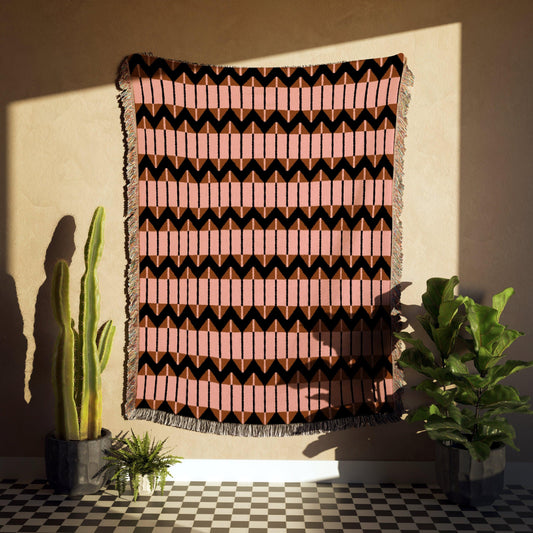 Modern Pink Brown And Black Zigzag Woven Cotton Blankets