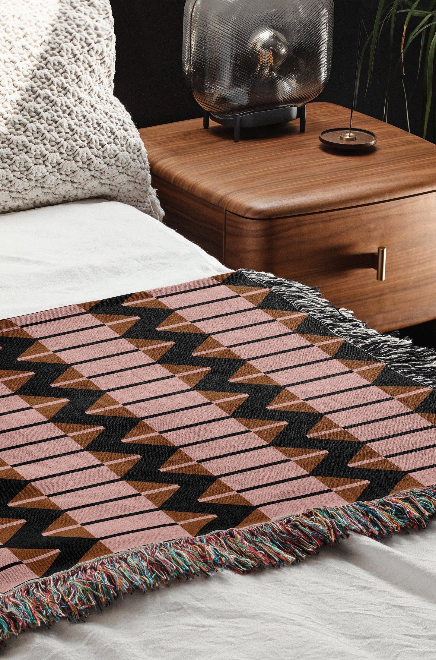 Modern Pink Brown And Black Zigzag Woven Cotton Blankets