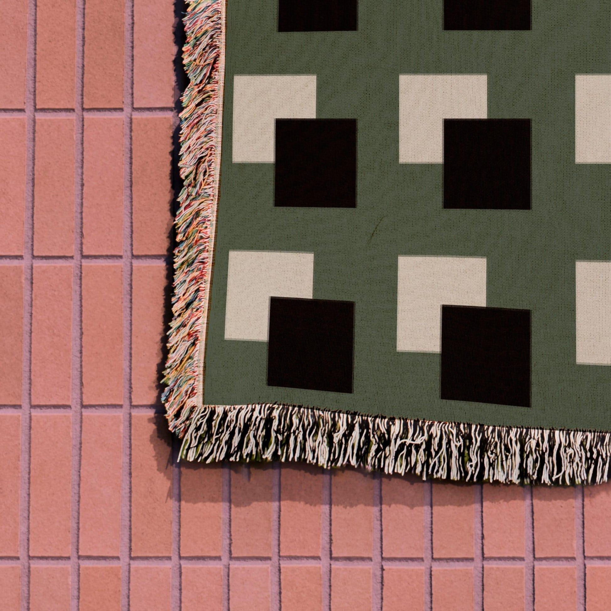 Green Beige And Black Geometric Squares Woven Blankets