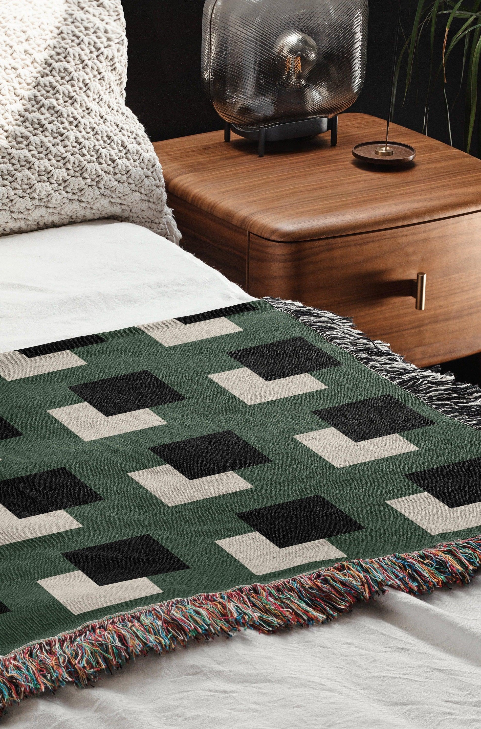 Green Beige And Black Geometric Squares Woven Blankets