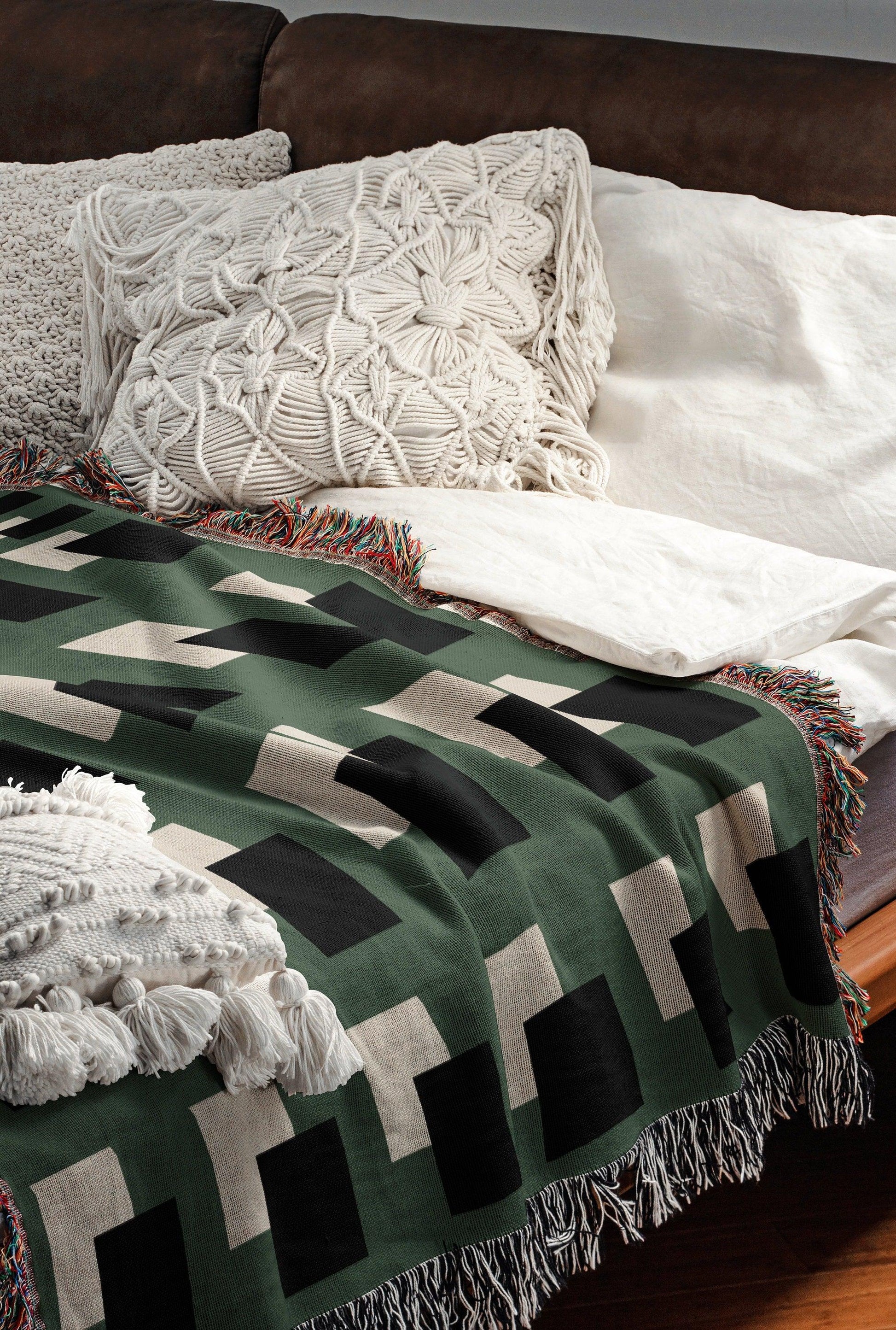 Green Beige And Black Geometric Squares Woven Blankets