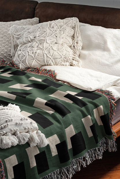 Green Beige And Black Geometric Squares Woven Blankets
