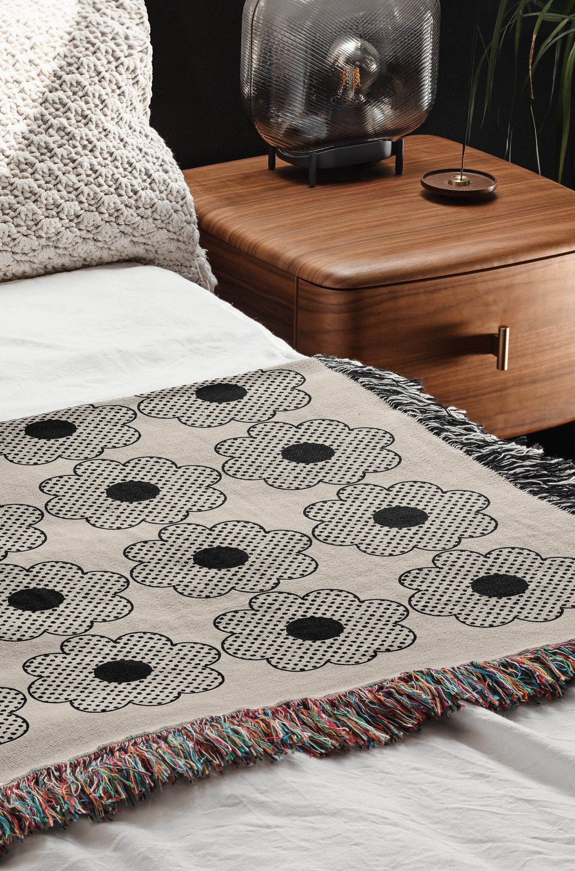 Beige And Black Halftone Groovy Flower Woven Blankets