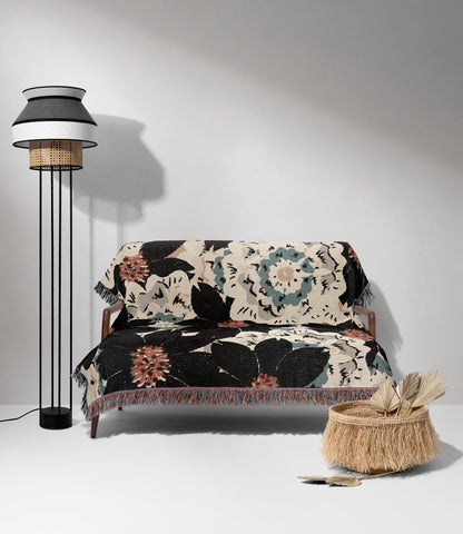 Black And Beige Floral Collage Woven Blankets
