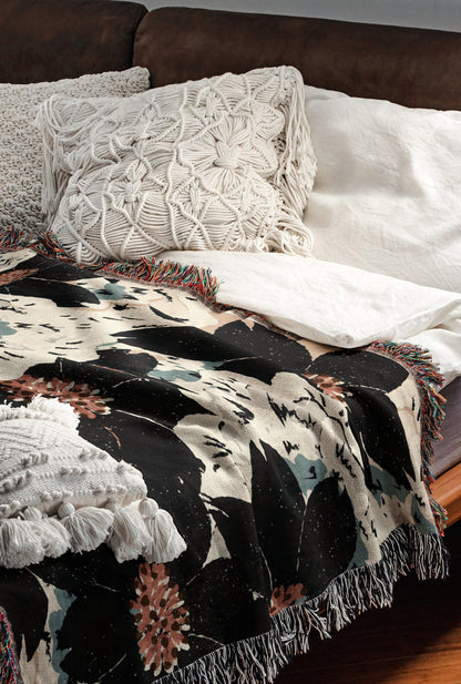 Black And Beige Floral Collage Woven Blankets