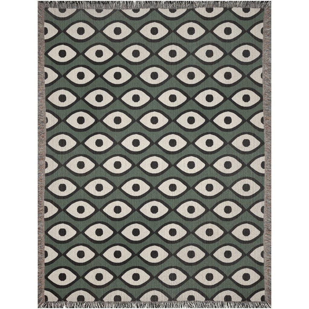 Bohemian 1970s Green Eyes Pattern Woven Cotton Throw Blankets