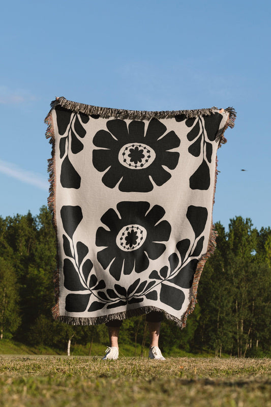 Black Beige Matisse Style Bohemian Flower Woven Cotton Throw Blankets