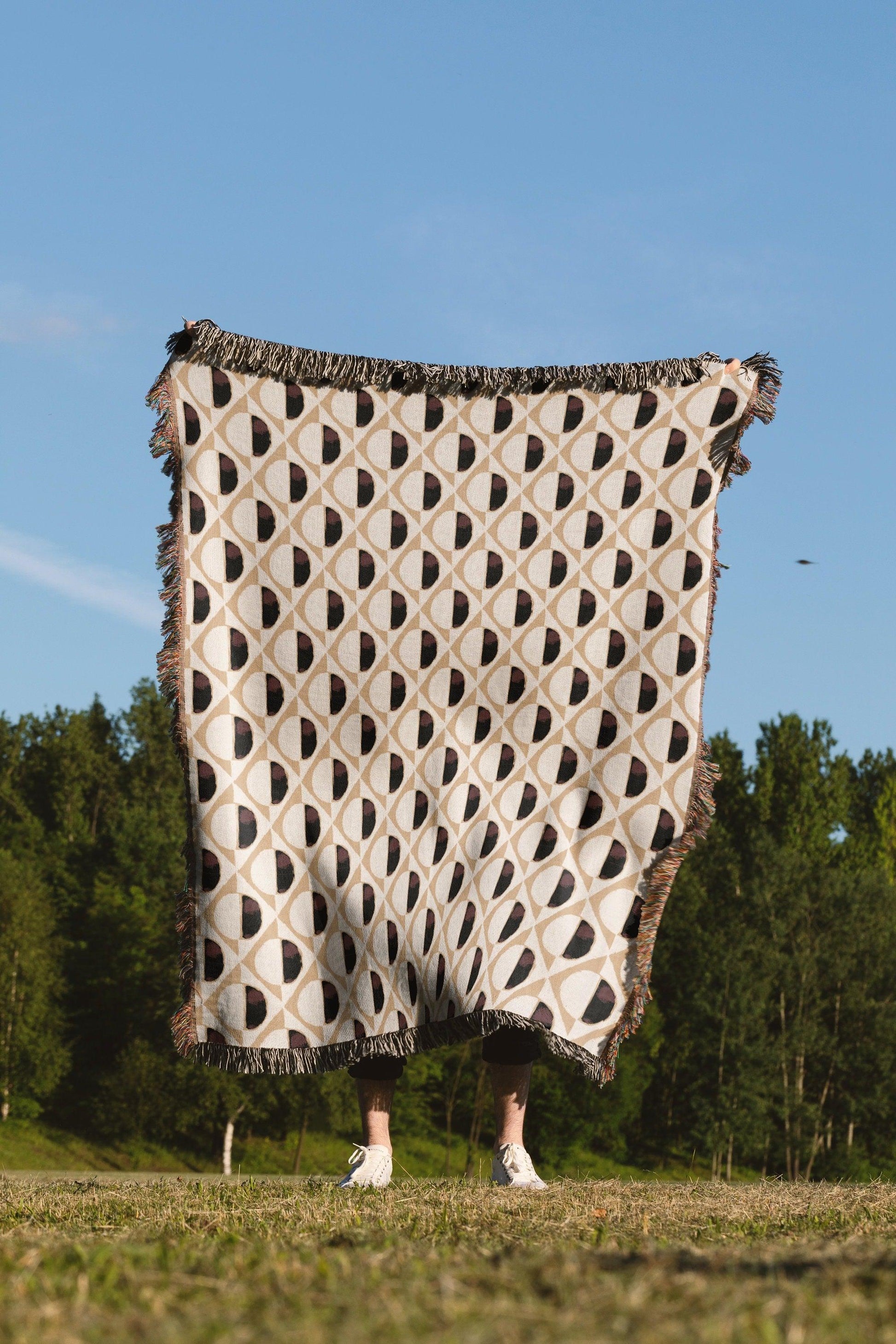 1970s Beige Black Maroon Geometric Pattern Woven Blankets