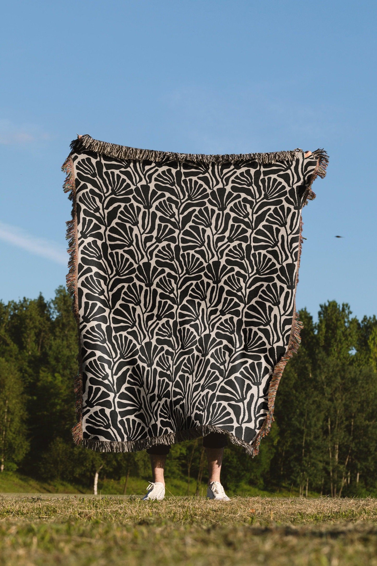 Black Matisse Pattern Mid Century Woven Cotton Throw Blankets