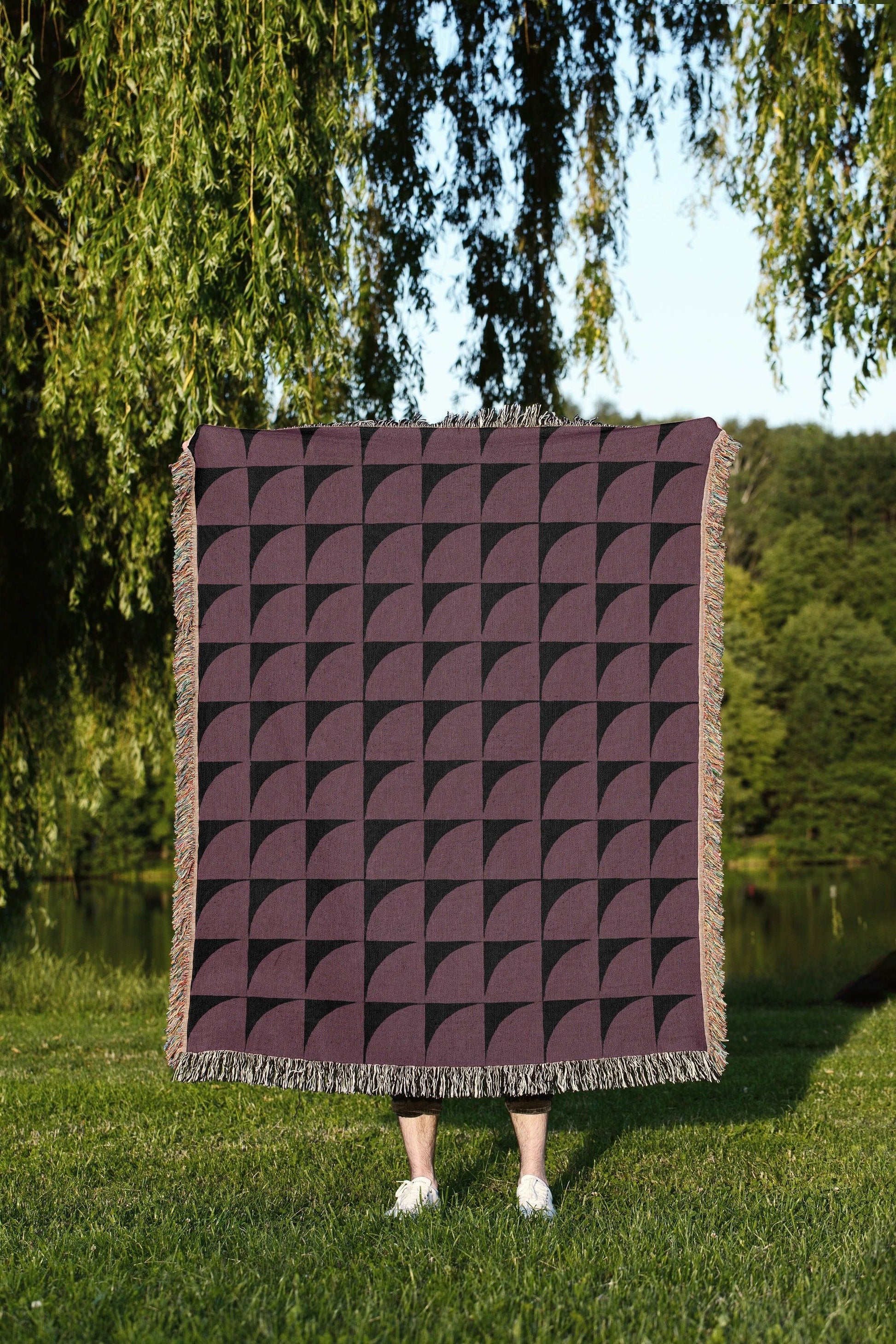 Purple And Black Abstract Mid Century Modern Woven Cotton Throw Blankets