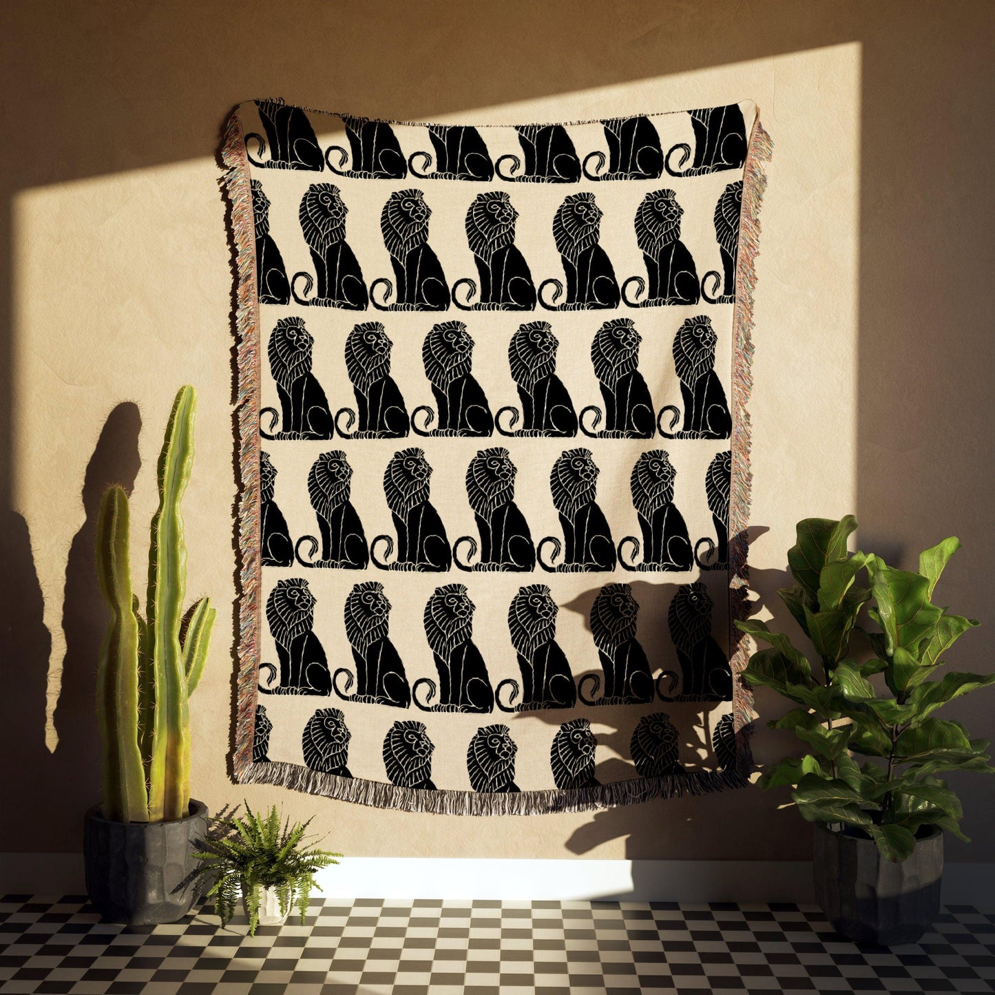 Art Deco Beige And Black Lion Woven Cotton Throw Blankets