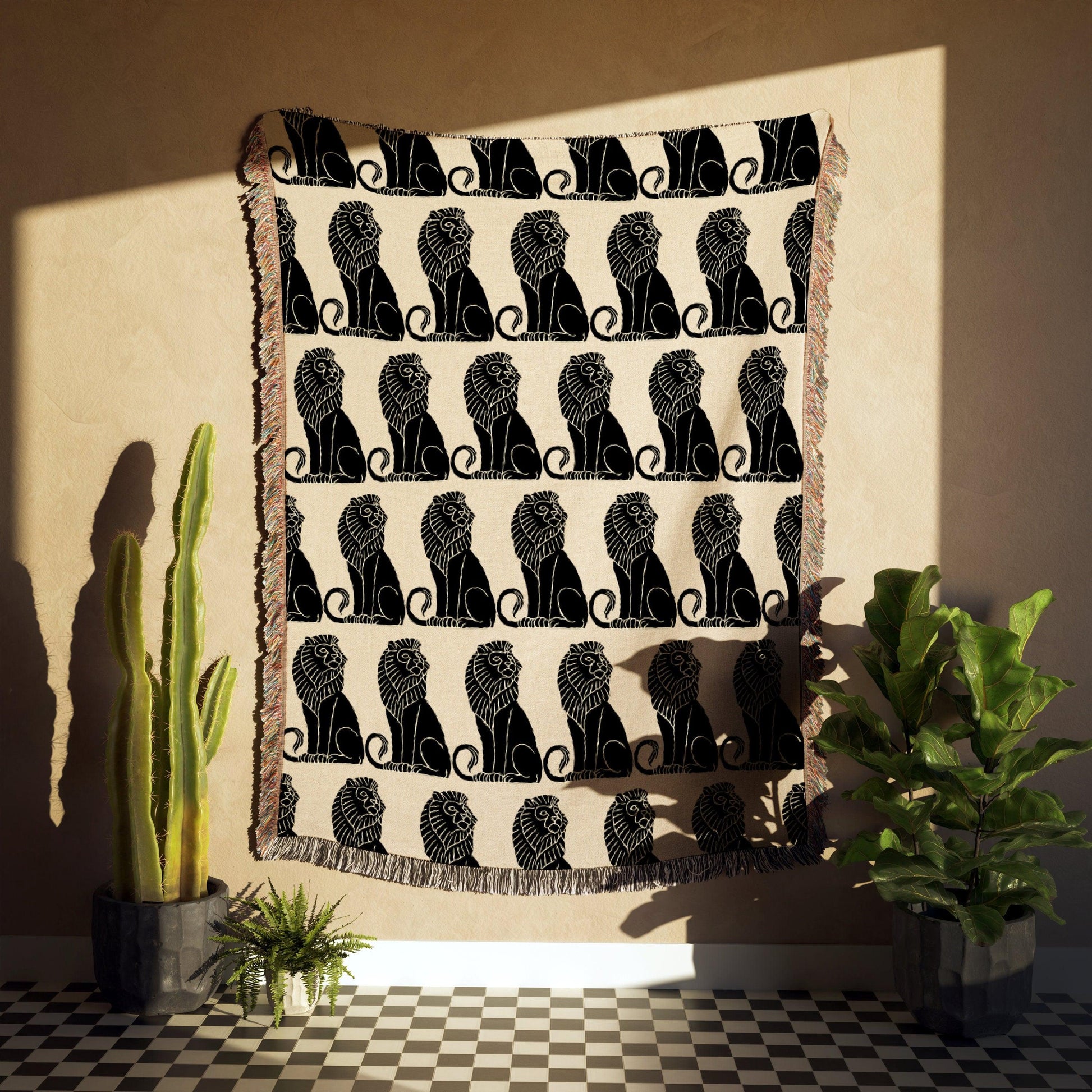 Art Deco Beige And Black Lion Woven Cotton Throw Blankets