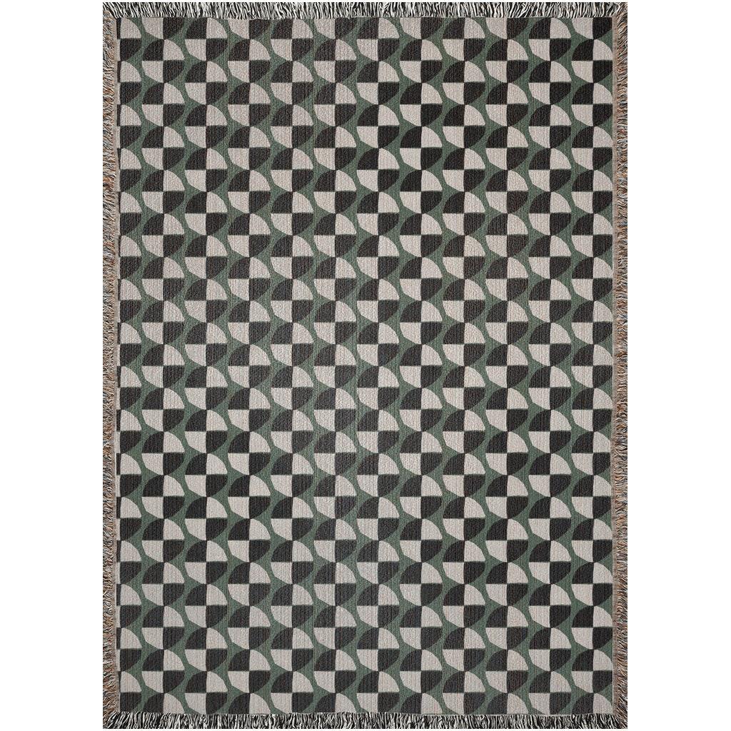 Green Black And White Bauhaus Circle Pattern Woven Cotton Throw Blankets