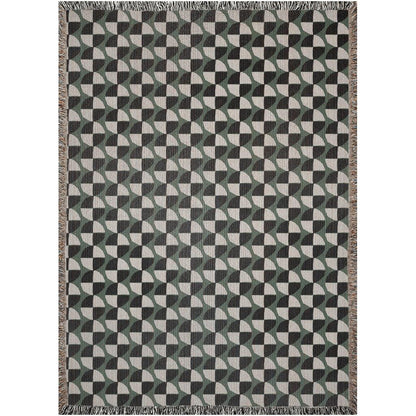 Green Black And White Bauhaus Circle Pattern Woven Cotton Throw Blankets