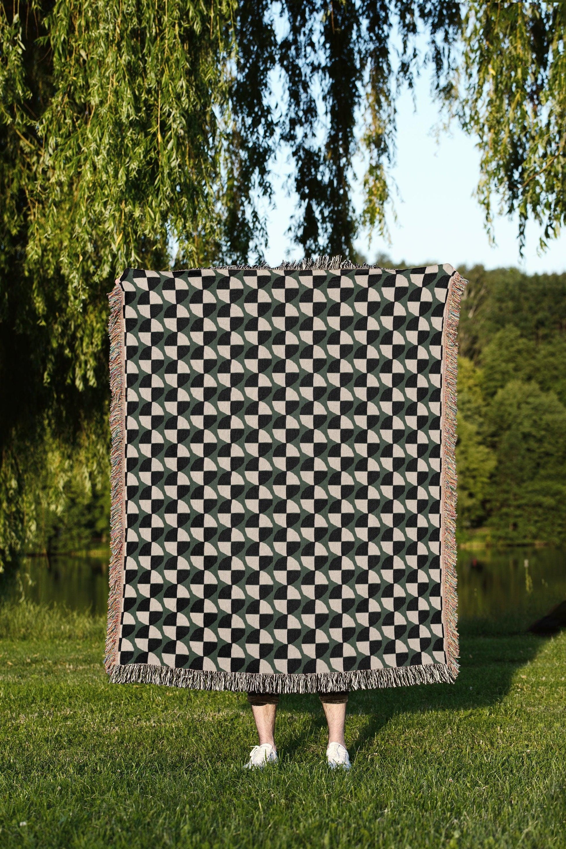 Green Black And White Bauhaus Circle Pattern Woven Cotton Throw Blankets