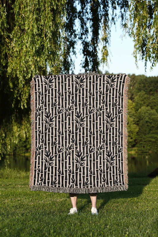 Black And Beige Bamboo Pattern Woven Cotton Throw Blankets