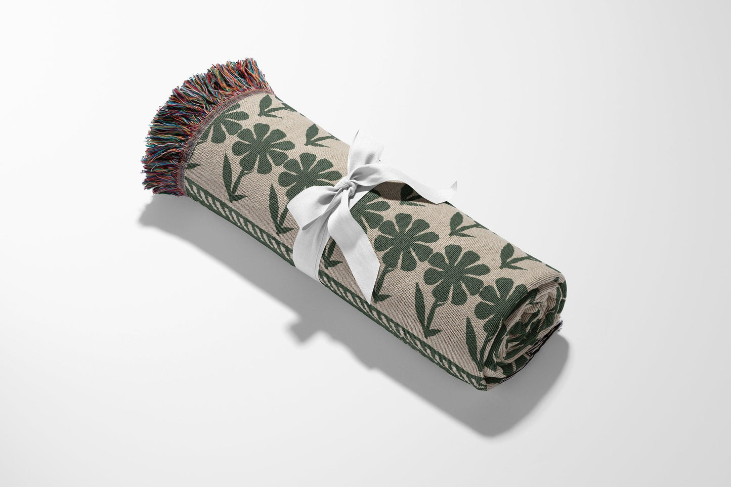 Green Bohemian Floral Striped Woven Cotton Throw Blankets