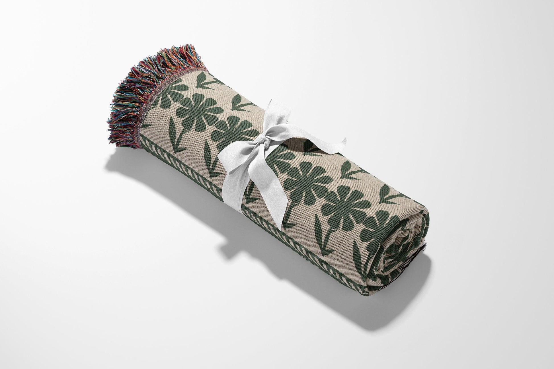 Green Bohemian Floral Striped Woven Cotton Throw Blankets