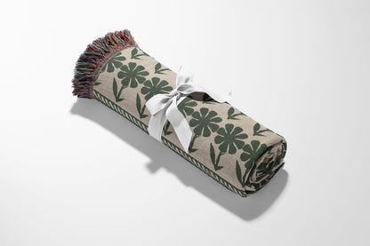 Green Bohemian Floral Striped Woven Cotton Throw Blankets