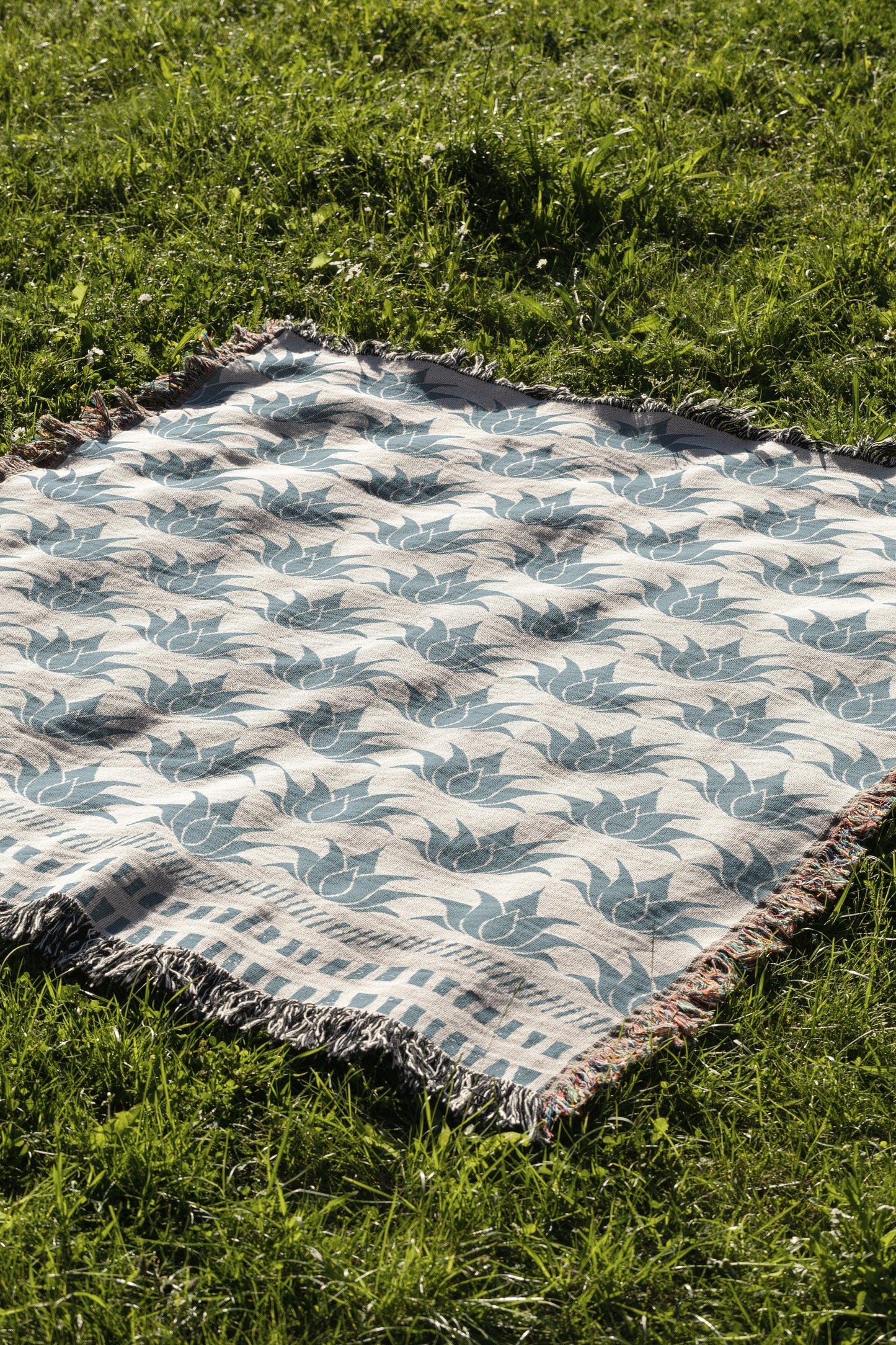 Blue Bohemian Lotus Floral Striped Woven Cotton Throw Blankets