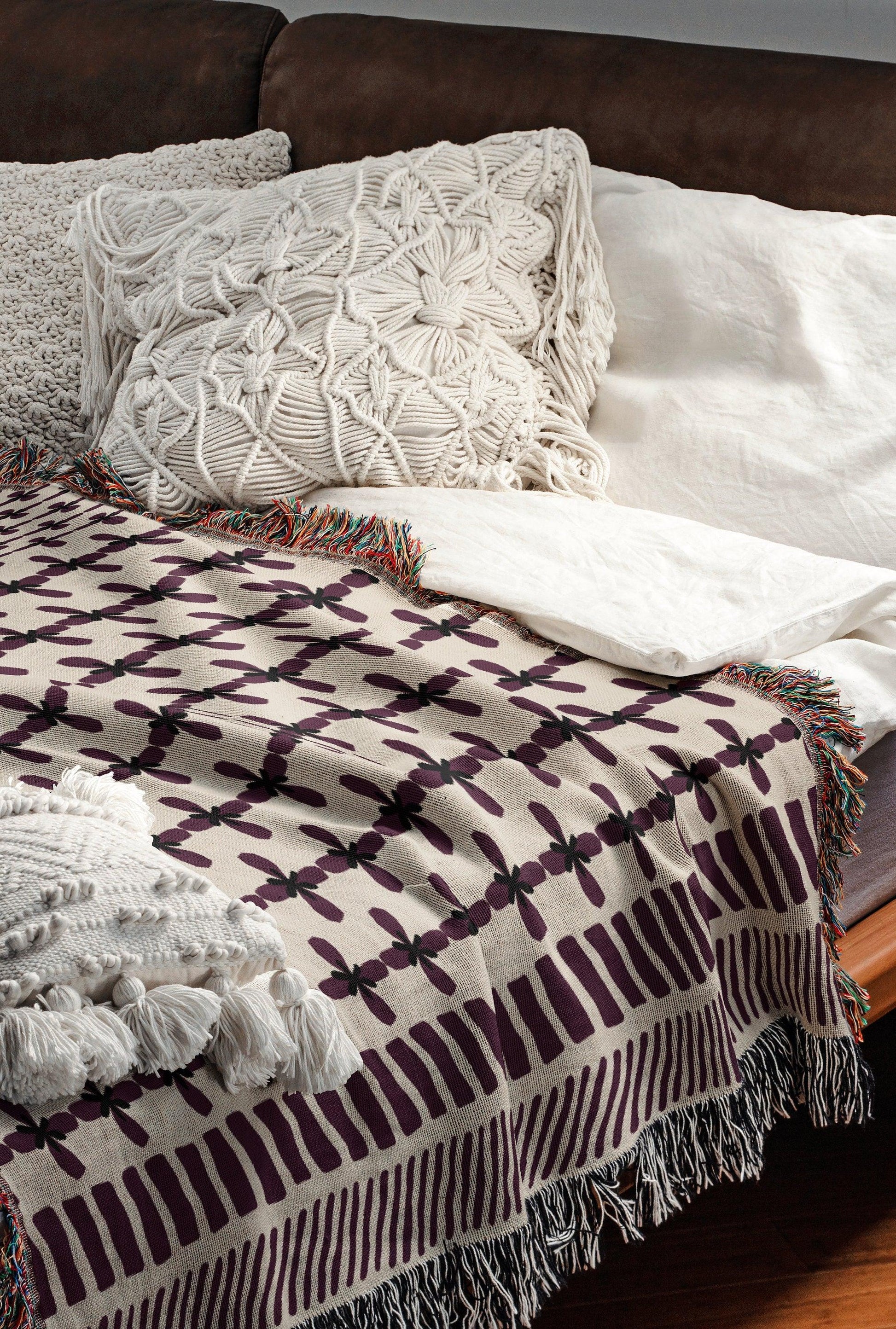 Purple Bohemian Floral Striped Woven Cotton Throw Blankets Woven Blankets