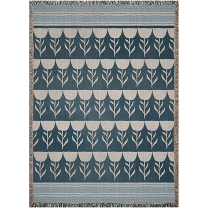 Blue Floral Striped Bohemian Vintage Woven Cotton Throw Blankets