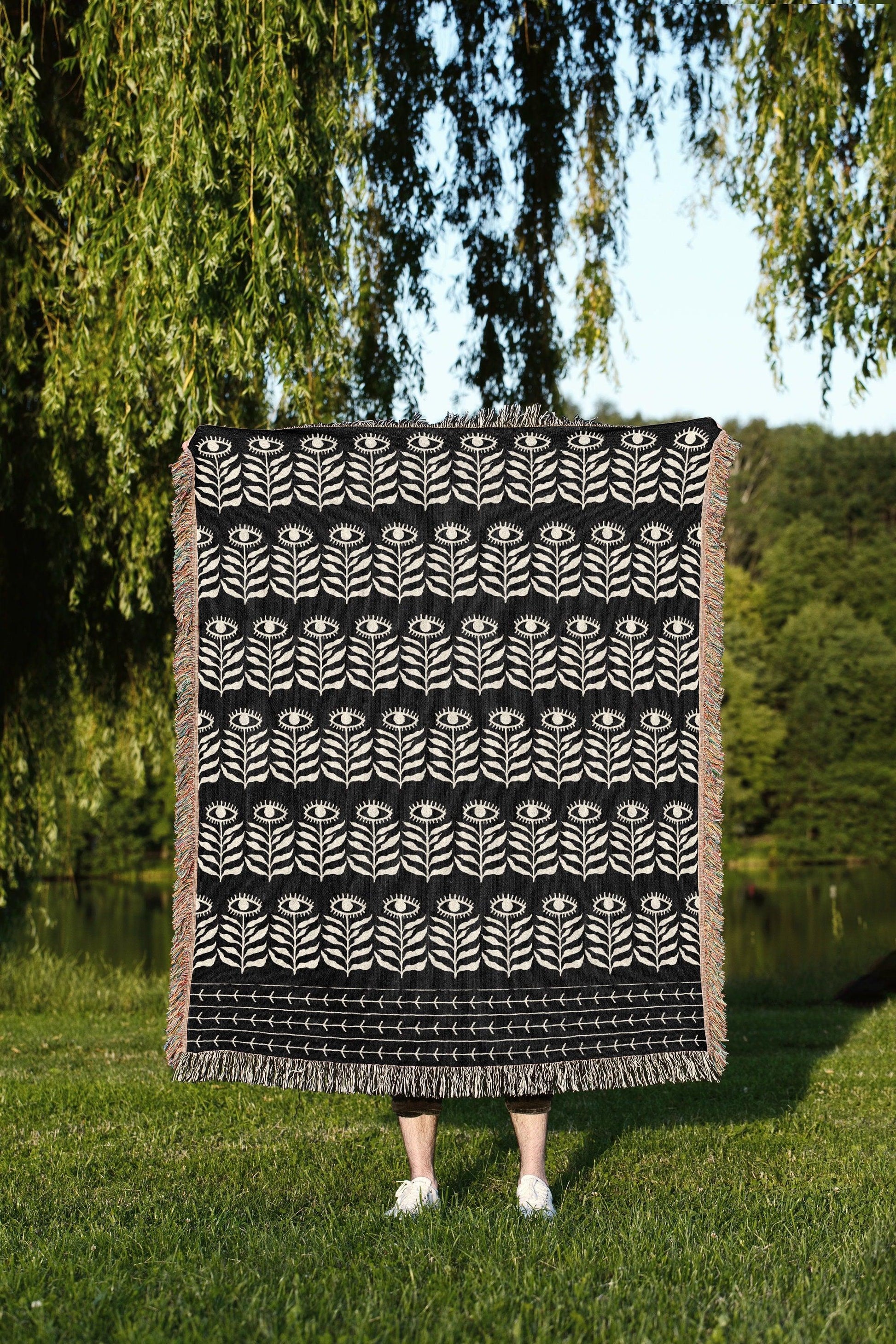 Black And Beige Floral Eye Bohemian Woven Cotton Throw Blankets