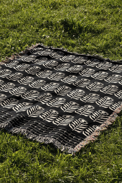 Black And Beige Floral Eye Bohemian Woven Cotton Throw Blankets