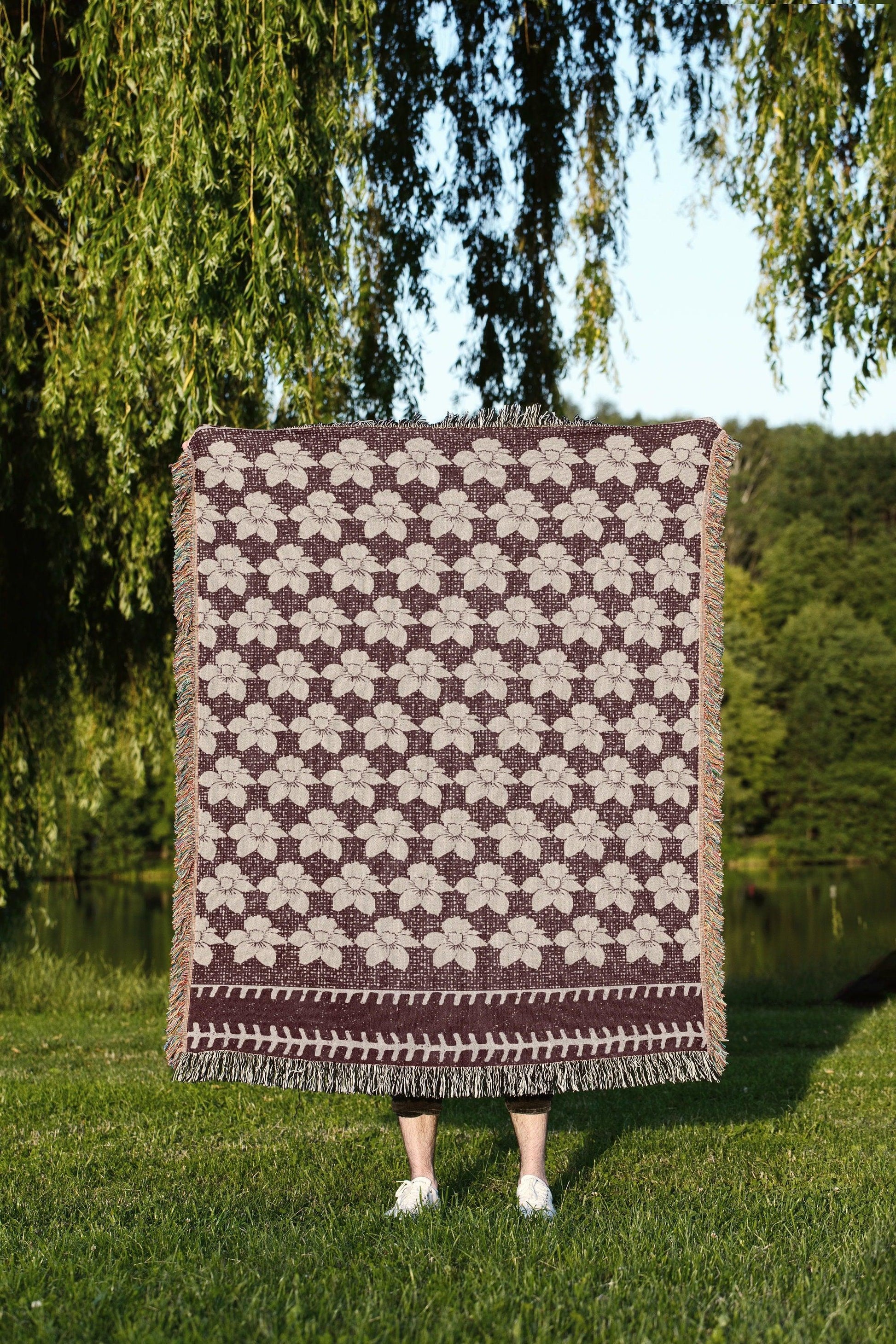 Maroon And Beige Floral Striped Bohemian Woven Cotton Throw Blankets