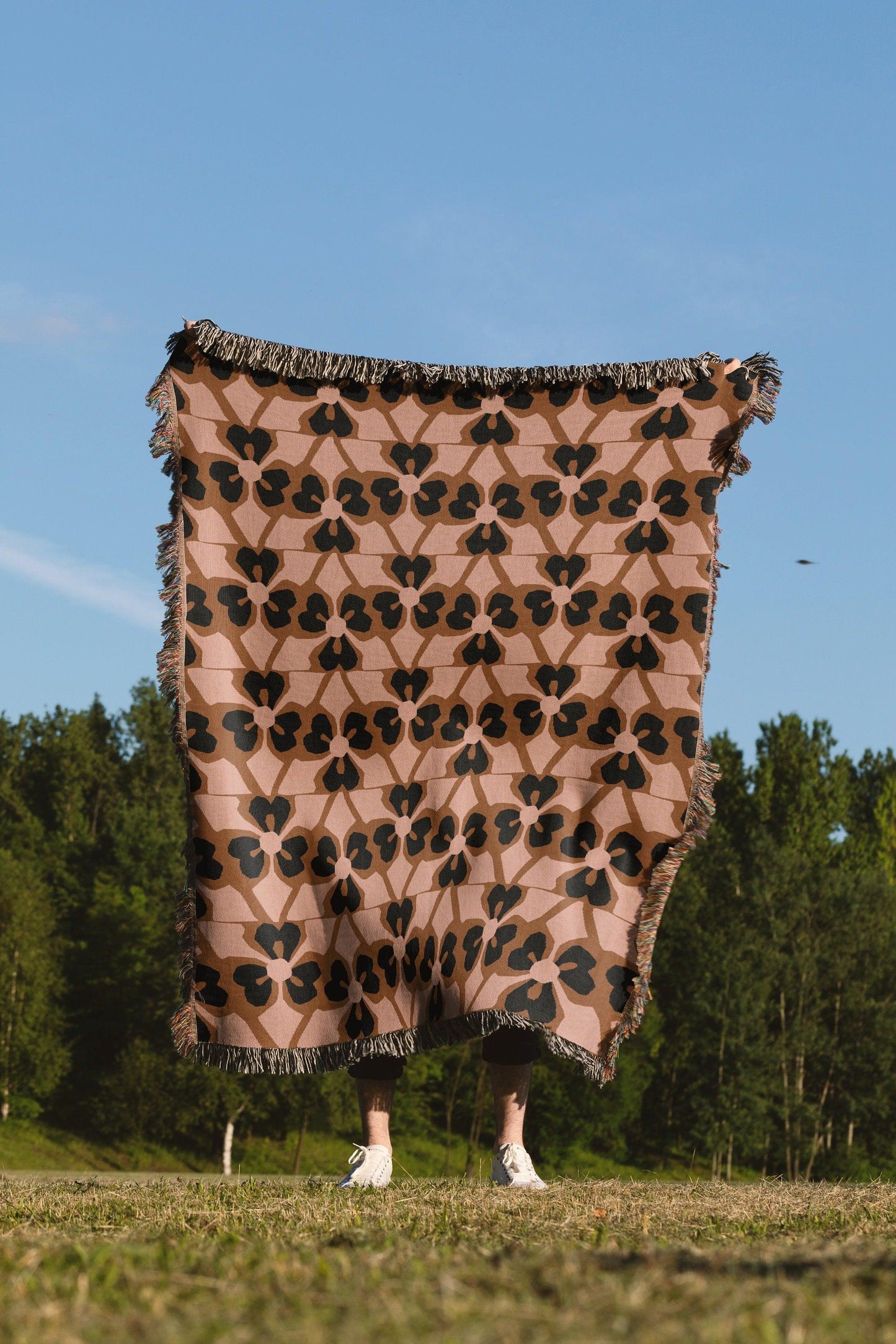 Abstract Pink Brown Black Geometric 1970s Woven Cotton Blankets