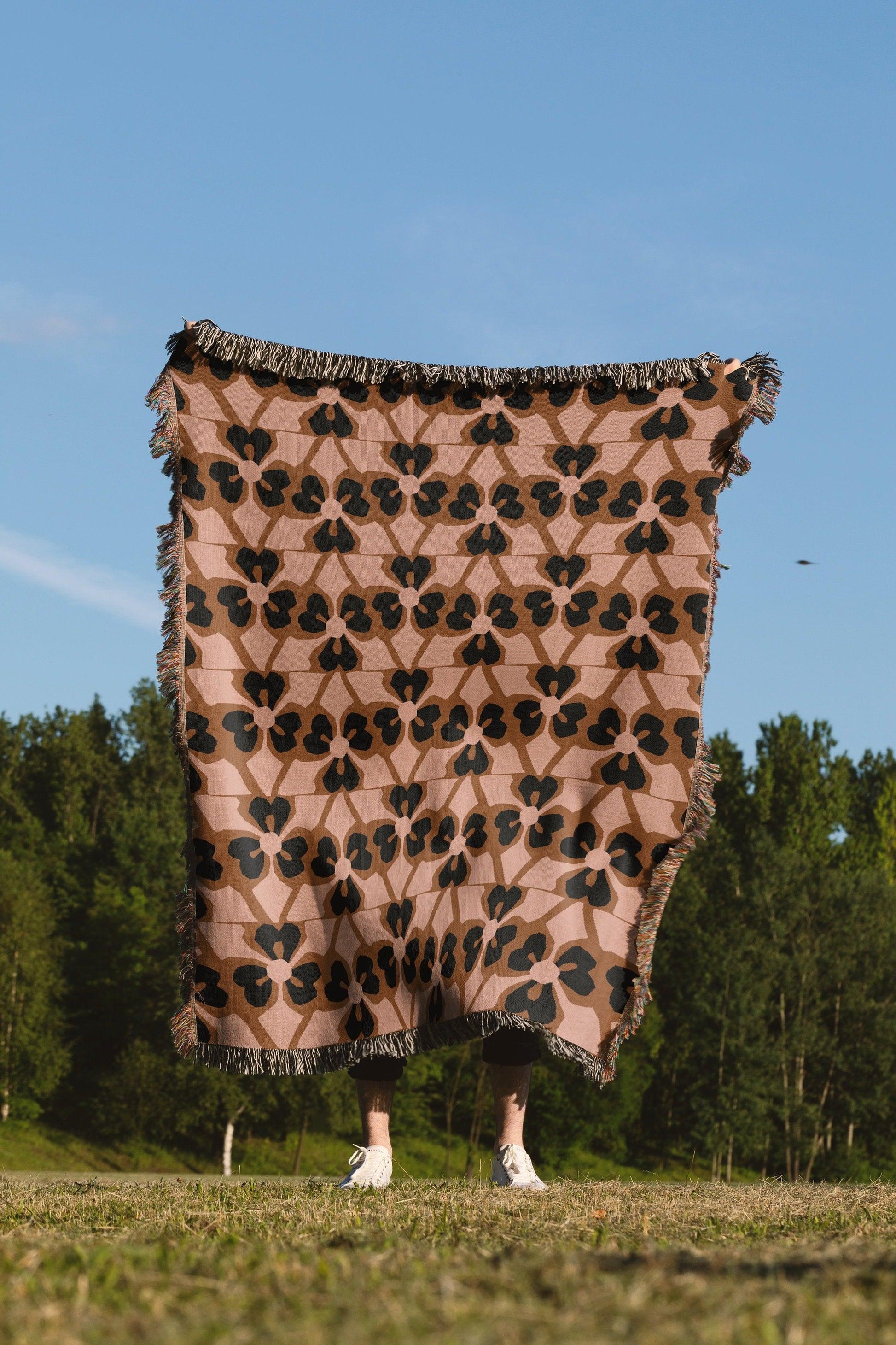 Abstract Pink Brown Black Geometric 1970s Woven Cotton Blankets