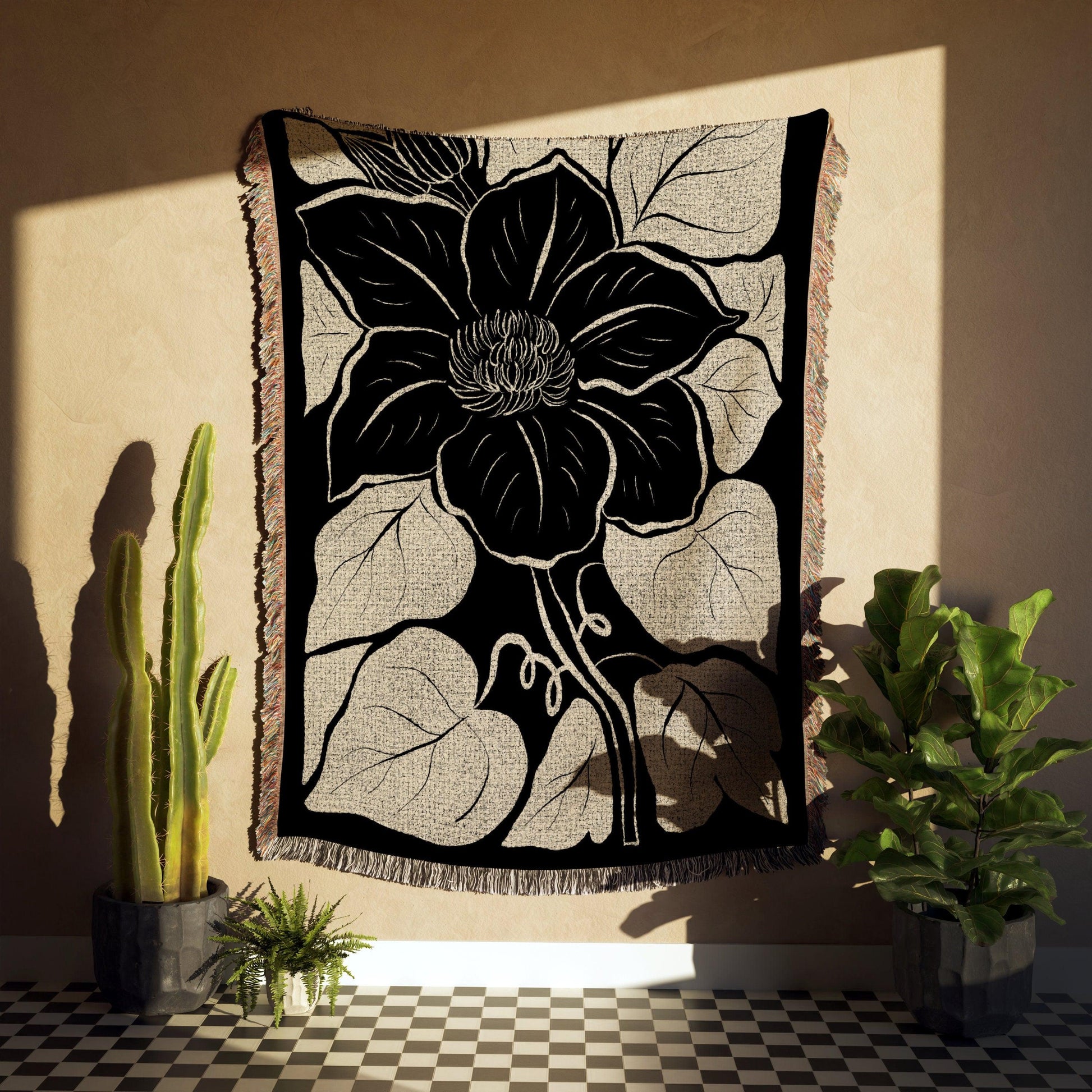 Minimalist Black Beige Flower Woven Cotton Throw Blankets