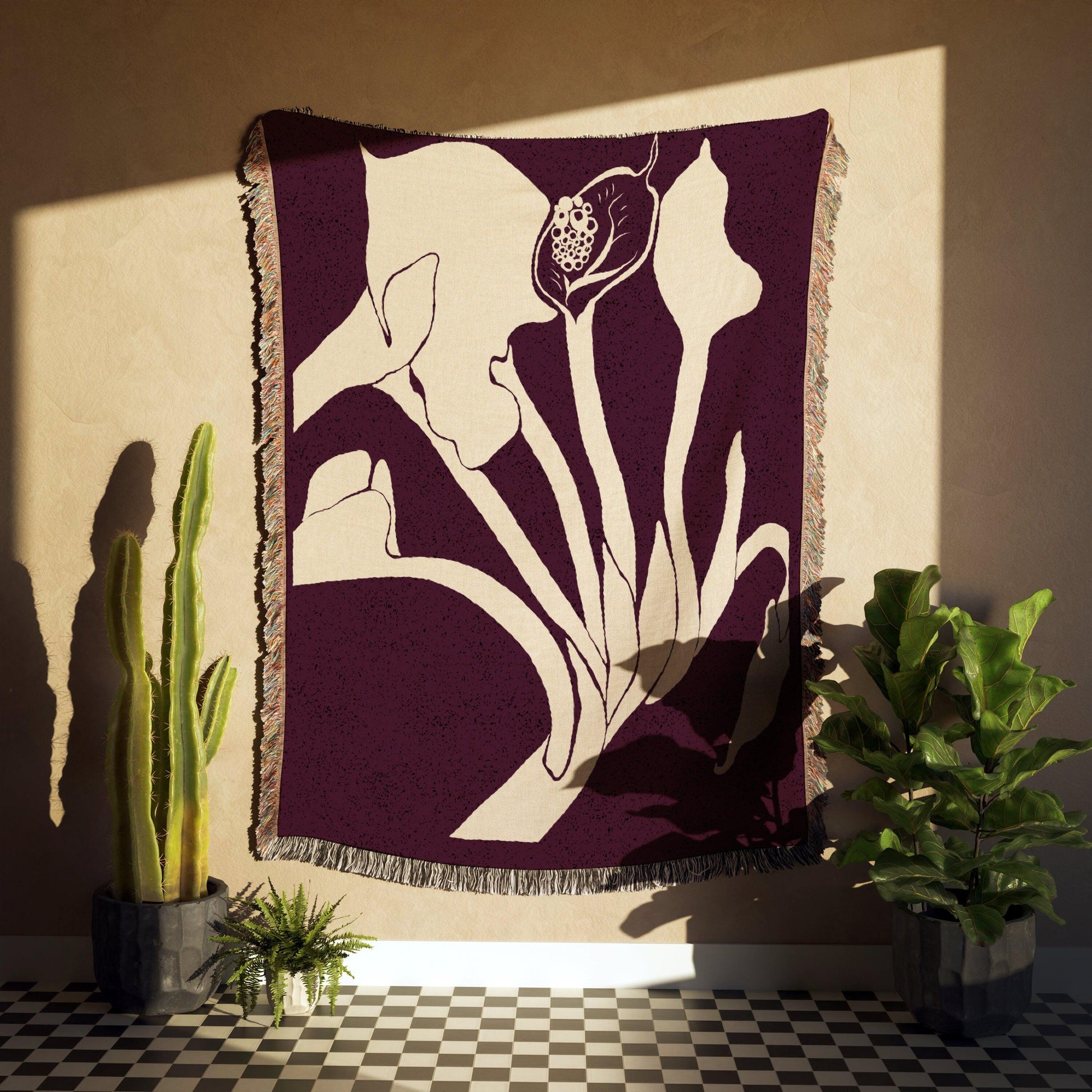 Maroon Beige Minimalist Flower Woven Cotton Throw Blankets